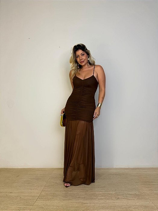 Vestido Tule Drapeado Ester Chocolate