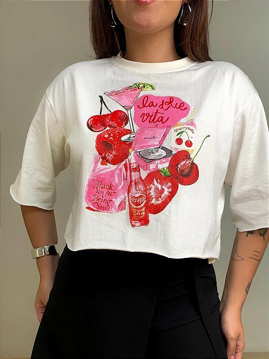 T-shirt Cropped Drink Bia Off White