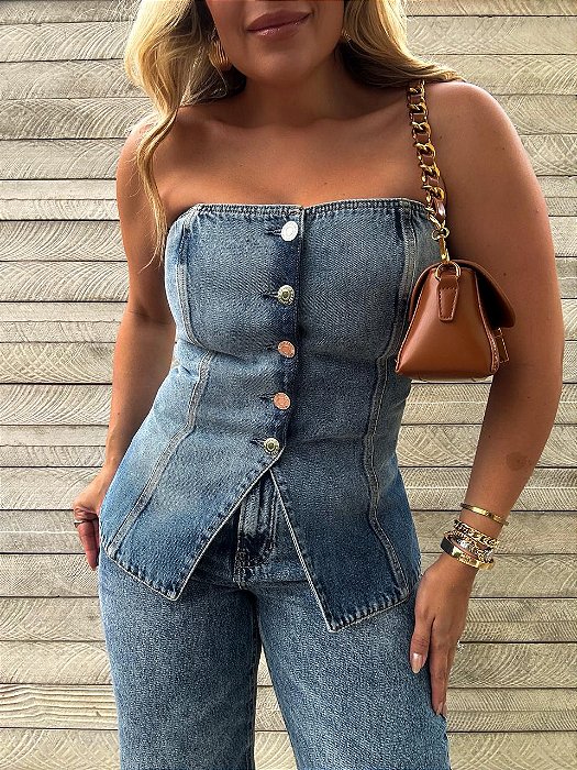 Corselet Decote Reto Animale Jeans