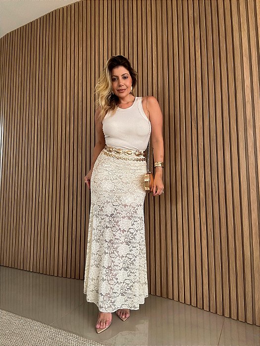 Saia Midi Renda Trancoso Bege Areia