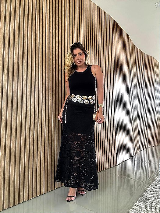 Saia Midi Renda Trancoso Preta