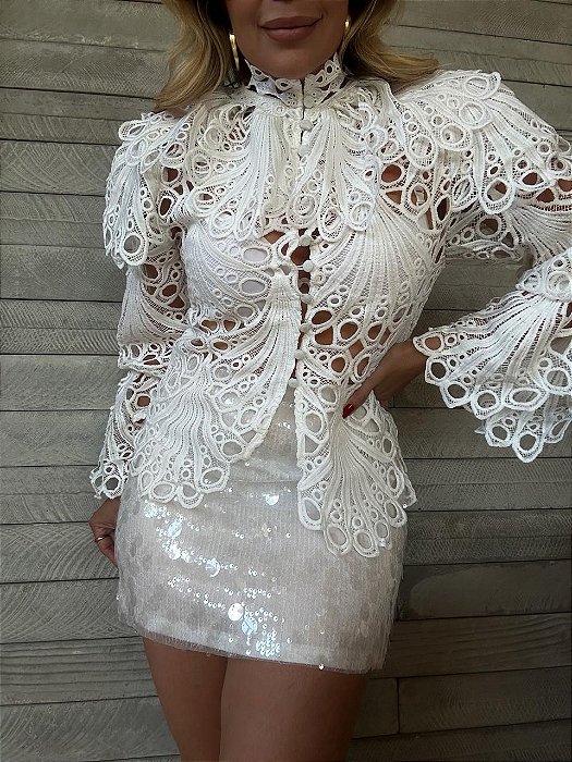 Camisa Renda Guipir Balneário Branca
