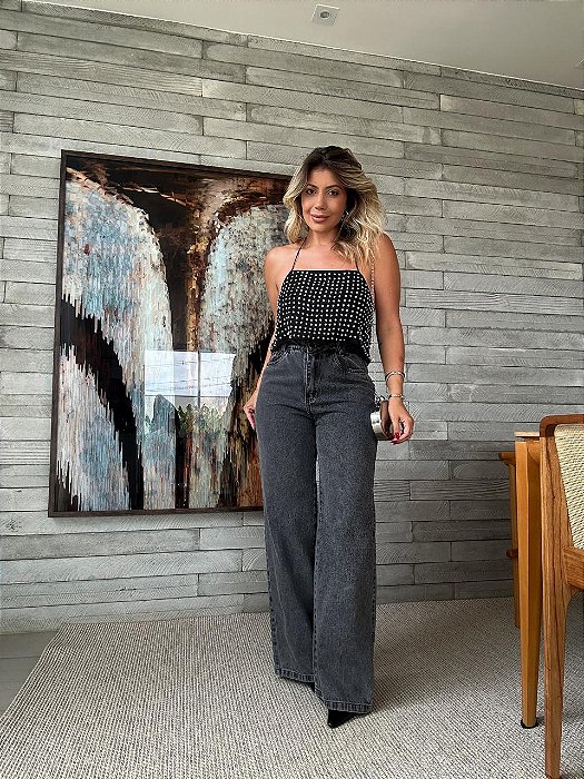 Calça Jeans Wide Leg Junia Preta Estonada