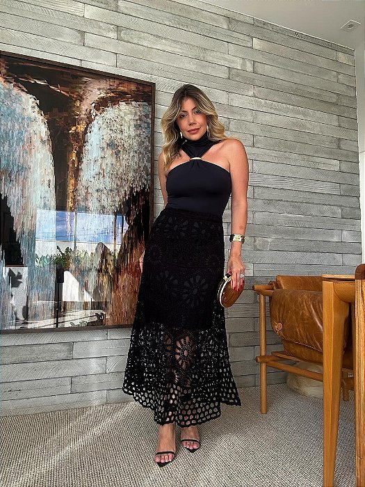 Saia Midi Crochê Ipanema Preta