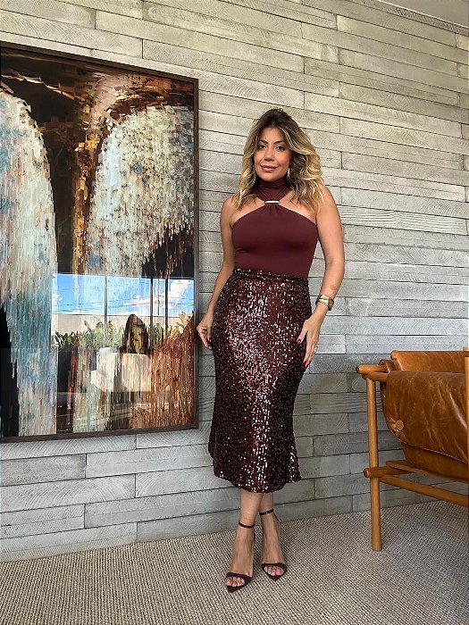 Saia Midi Paetê Jeri Marrom