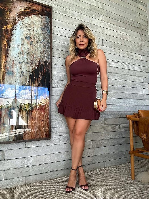 Short Saia Plissado Ilhéus Marrom