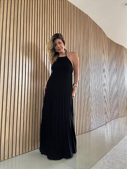 Vestido Longo Plissado Copacabana Preto