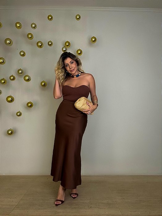 Saia Midi Cetim Preá Marrom