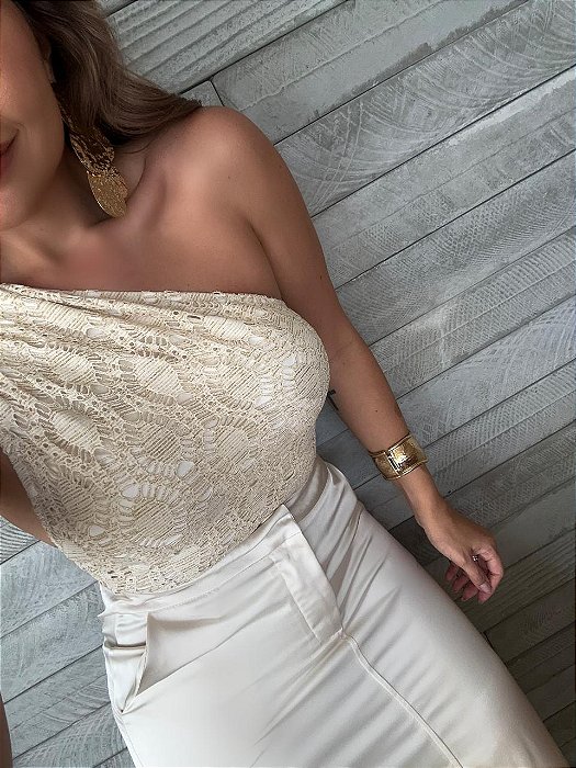 Body Nula Manga Búzios Bege Areia/Dourado