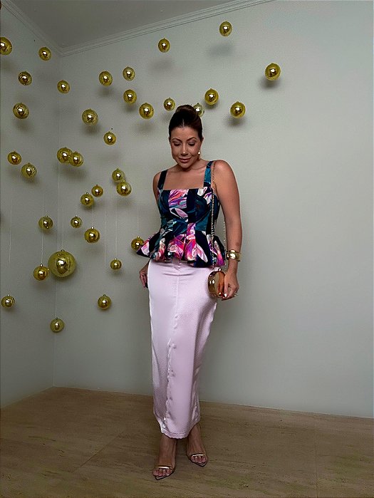 Saia Midi Cetim Jeri Rosa