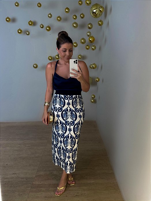 Saia Midi Estampada Cavalos Marinhos Farm