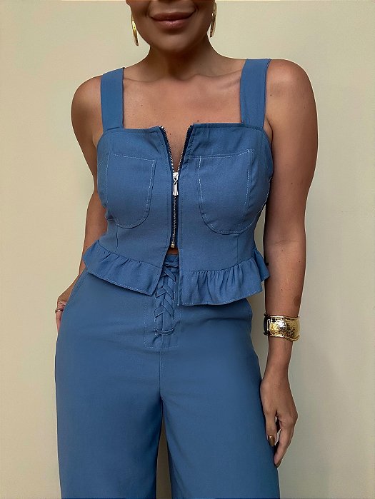 Cropped Babado Búzios Azul