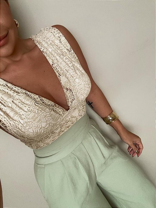Body Renda Bege Areia/Dourado