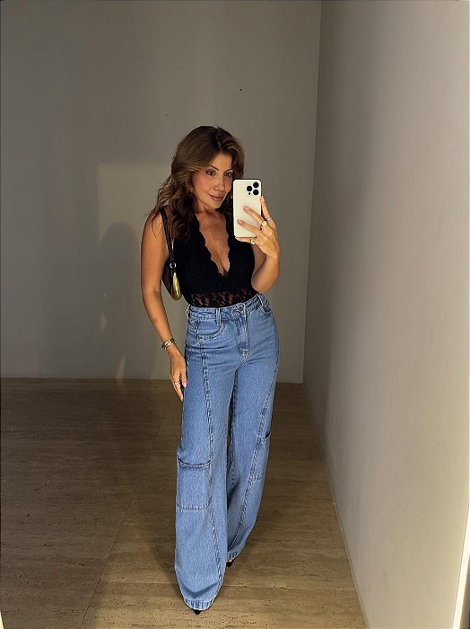 Calça Jeans Wide Leg Cargo