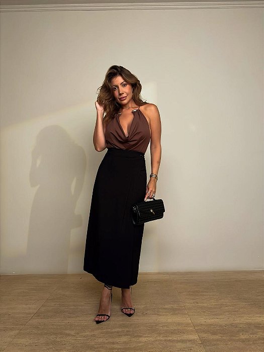 Saia Midi Alfaiataria Marcela Preta