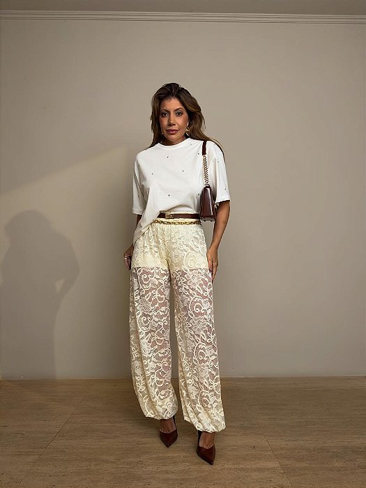 Calça Renda Chloé Bege Creme