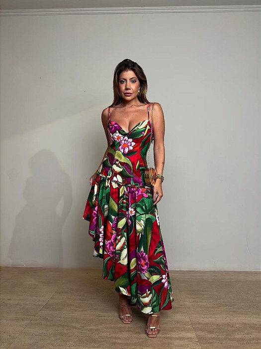 Vestido Assimétrico Estampado Folhagem Farm