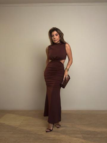 Vestido Midi Drapeado Aurora Marrom