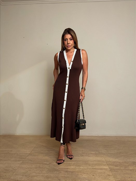 Vestido Midi Modal Lorenza Marrom/Branco