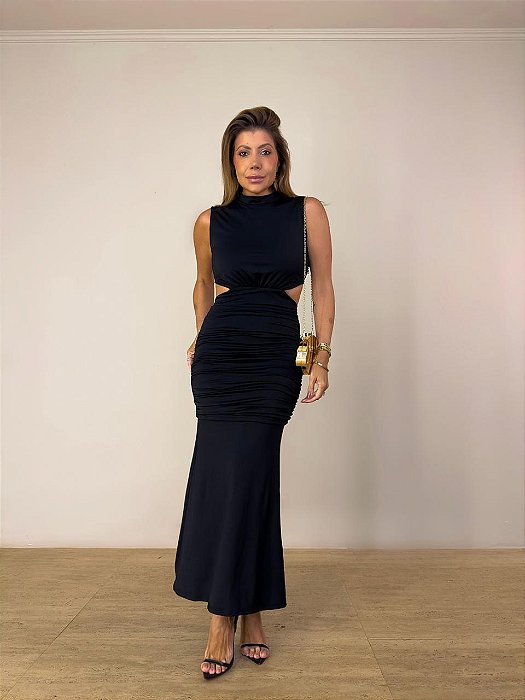 Vestido Midi Drapeado Aurora Preto