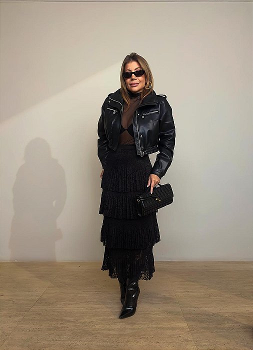 Saia Midi Renda Grazia Preta