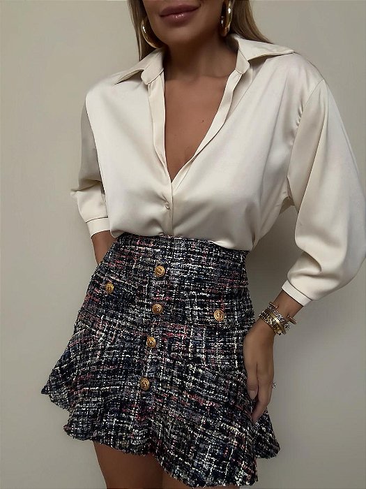 Saia Tweed Curta Babado Fiorenza Preta (PRÉ-VENDA, ENVIO A PARTIR DO DIA 02/04)