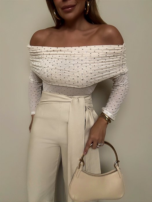 Blusa Tule Cravejada Fiorenza Bege Creme