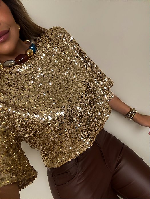 T-shirt Cropped Paetê Rafaella Dourada