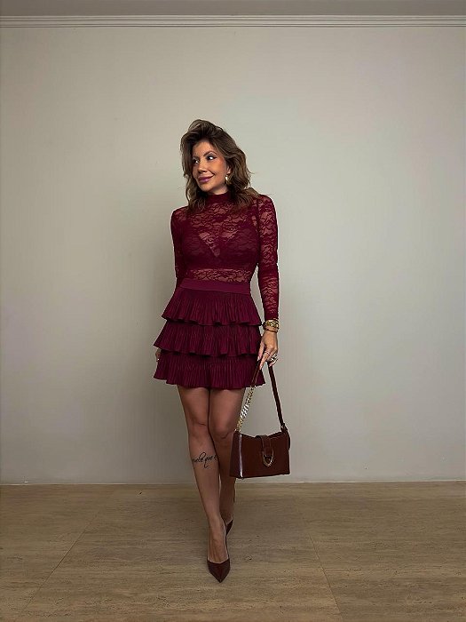 Saia Curta Babados Francesca Vermelho Bordô