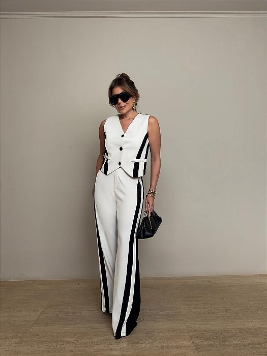 Conjunto Alfaiataria Costanza Off White e Preto