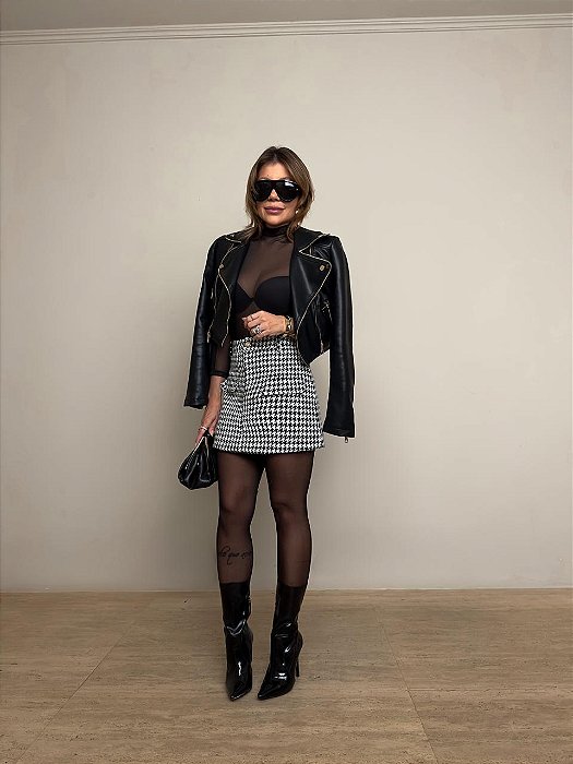 Saia Curta Tweed Beatrice Preto e Branco