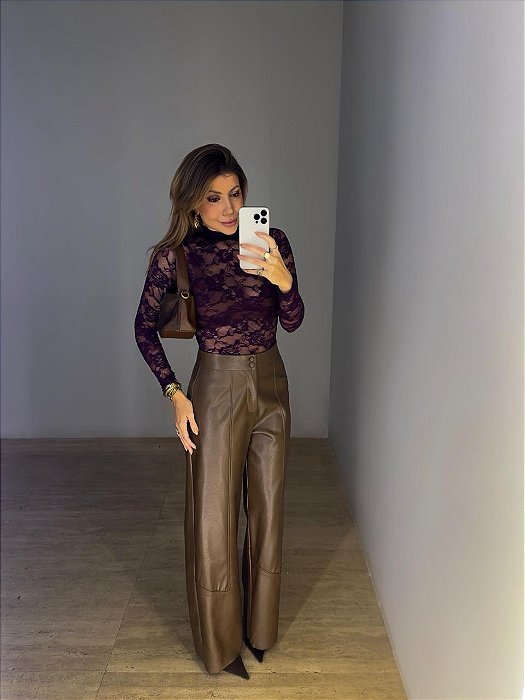 Calça Courino Wide Leg Francesca Marrom Claro