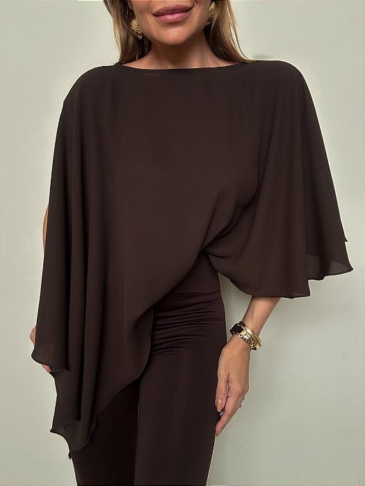 Blusa Capa Assimétrica Marcela Marrom Café