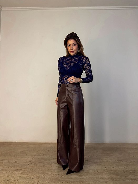 Calça Courino Wide Leg Francesca Marrom Escuro