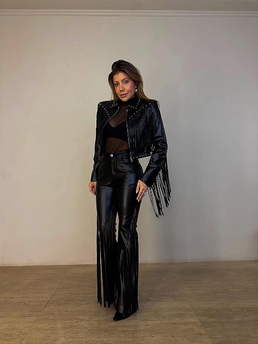 Calça Courino Franjas Ravena Preta