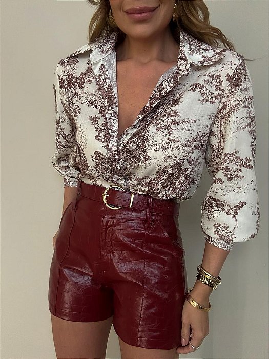 Camisa Linho Estampada Romina Marrom