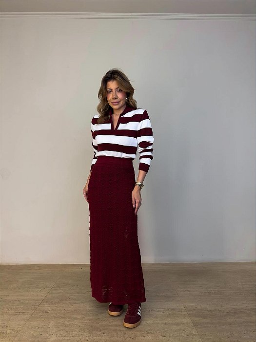 Saia Midi Tricot Leonelle Vermelho Bordô