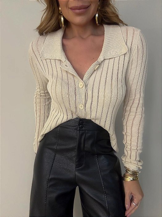 Blusa Tricot Transparência Solenna Bege