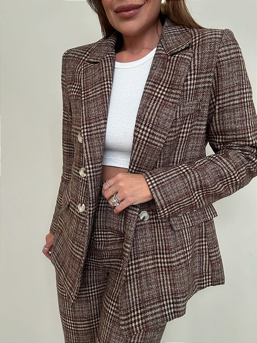 Maxi Blazer Alfaiataria Xadrez Costanza Marrom