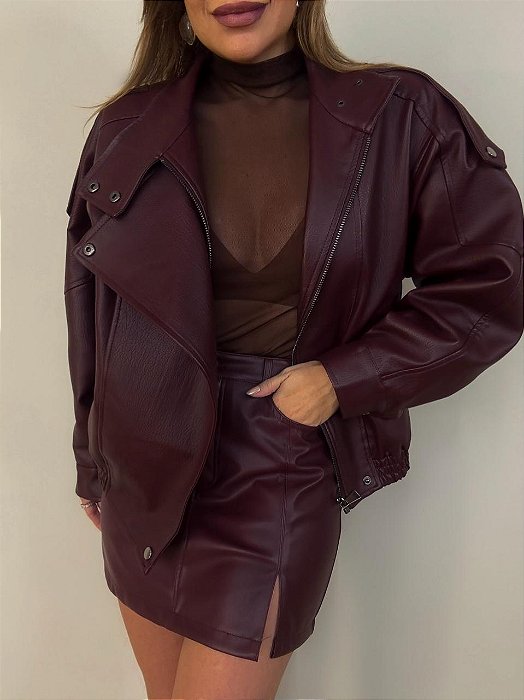 Maxi Jaqueta Courino Gola Alta Novera Vermelho Bordô