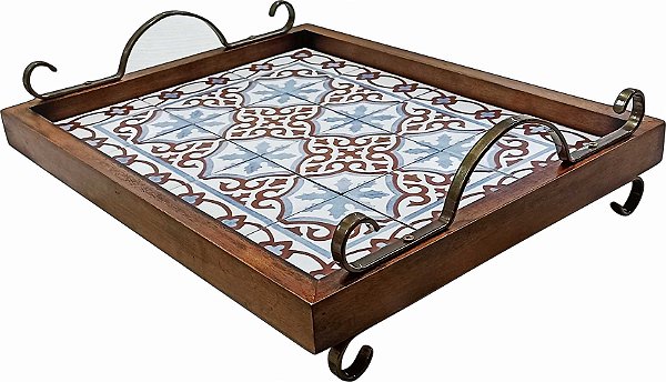 Bandeja de Azulejos com Pés/ Alças de Metal - Ladrilho