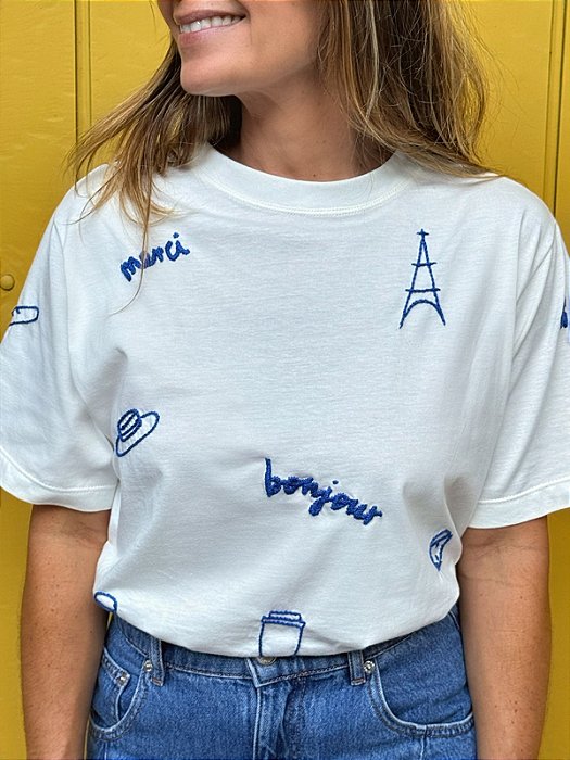 Camiseta Bonjour Bordado Azul