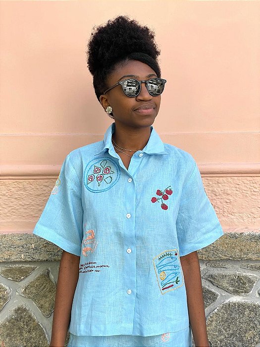 Camisa manga curta Oliva azul