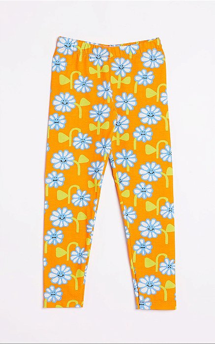 Calça Legging de Malha Laranja Estampa de Flor Buba Fábula