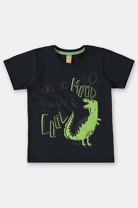 Camiseta De Manga Curta Preta Estampa Dinossauro Verde Bebe Menino Up Baby