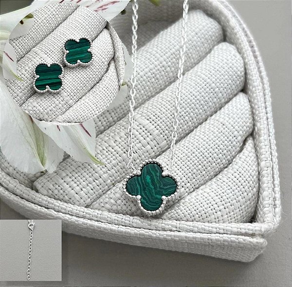 Conjunto Trevo Pedra Verde Natural