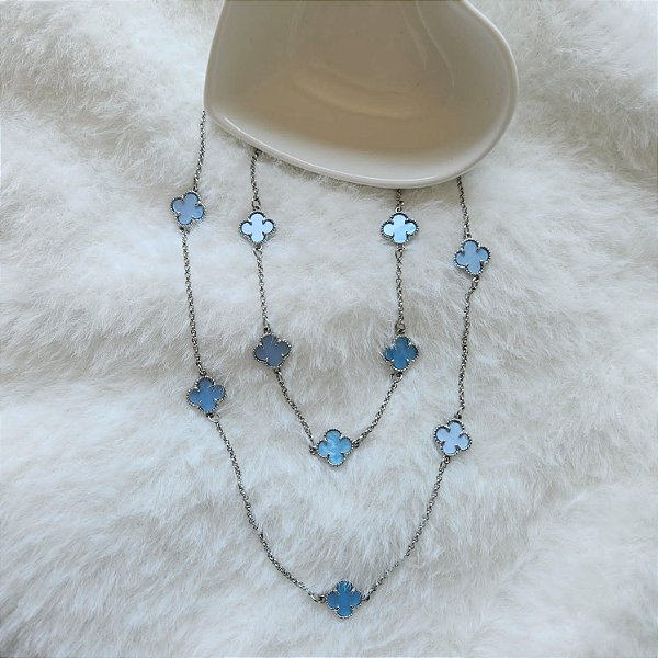 Conjunto Trevo Pedra Azul Ródio Branco Inspiração Van Cleef