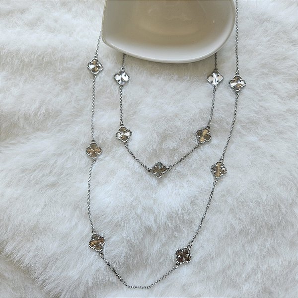 Conjunto Trevo Laminado Ródio Branco Inspiração Van Cleef