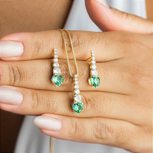 Conjunto Cristais Coração Verde
