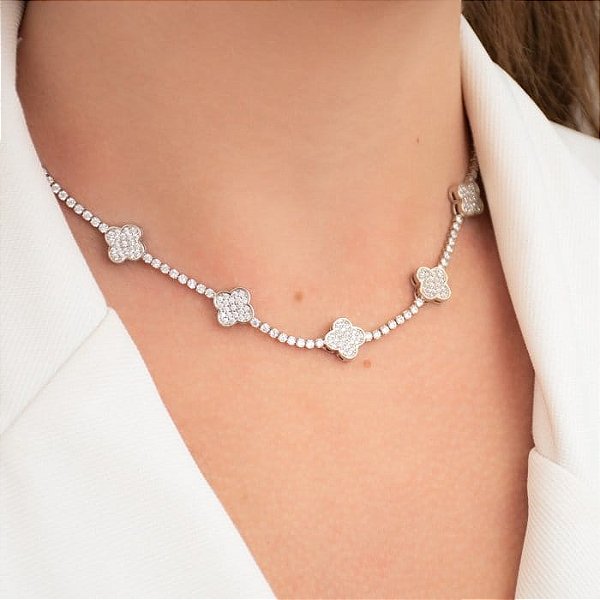 Choker Trevos em Zircônias em Ródio